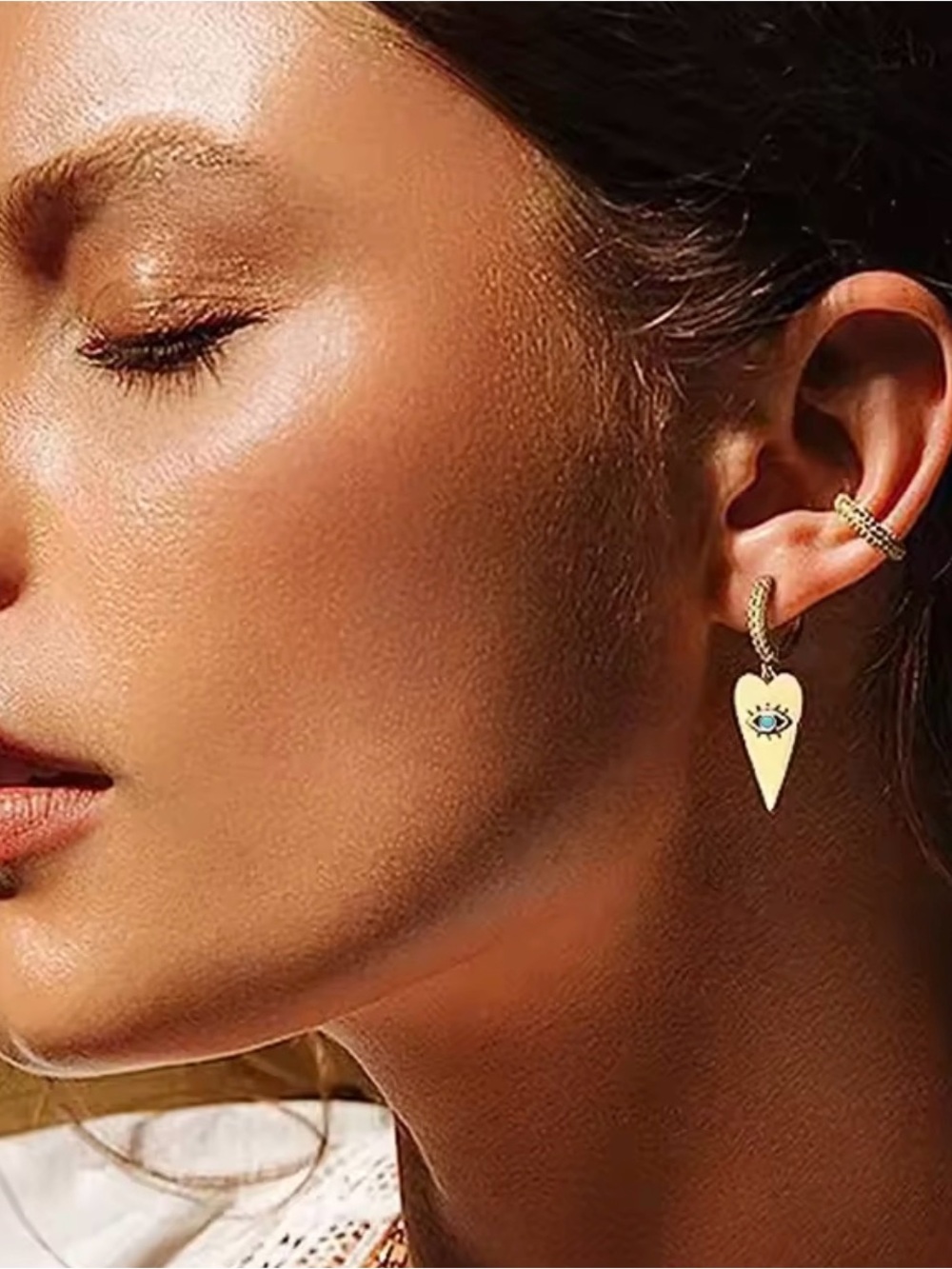 Gold Heart Drop Earrings with Turquoise Eye and Crystal Hoop